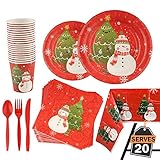 141 Piece Christmas Party Set Including Plates, Cups, Spoons, Forks, Knives, Napkins, and Tablecloth, Serves 20