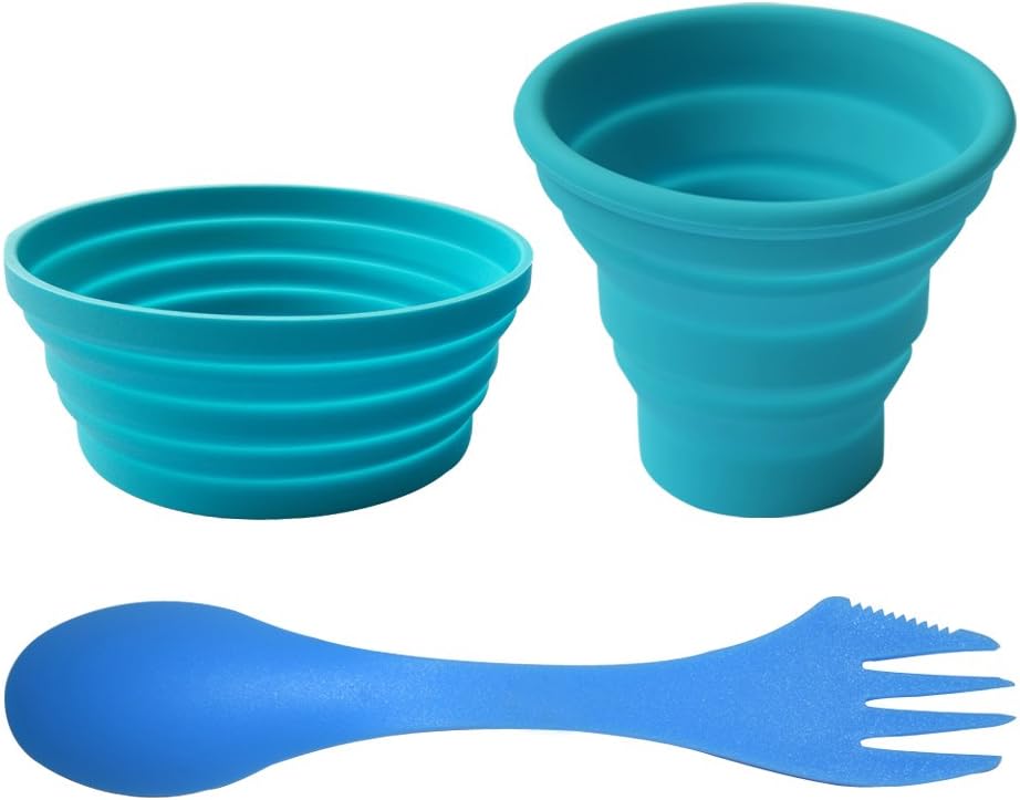 Ecoart Silicone Collapsible Cup and Bowl Set for 1 with Spork for Camping Hiking 100% Food-Grade FDA Approved BPA Free