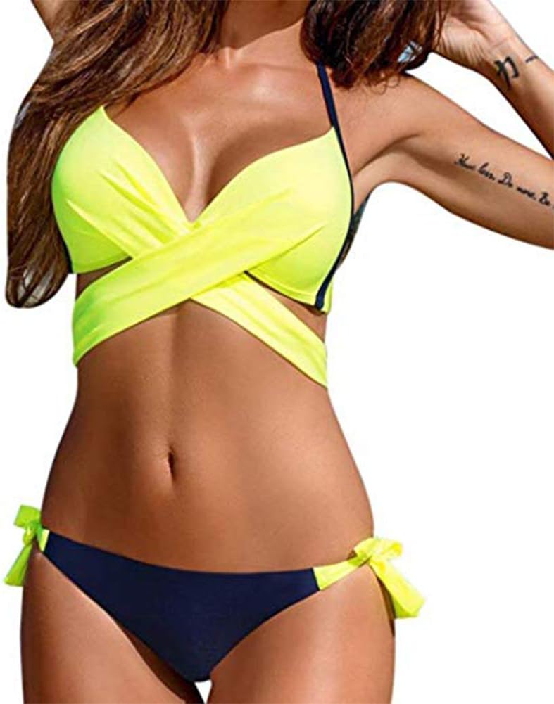 Swimsuit Bikini Set for Women Ladies, Sexy Push Up Plus Size Backless Halter Bandage Ruched Front Top Bra Solid 2 Pieces Surfing Swimwear Bathing Suits Beachwear FBA, Candy Color Yellow
