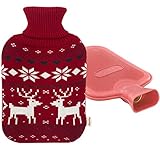 Premium Classic Rubber Hot Water Bottle and Christmas Accent Knit Cover (Reindeer & Snowflake/Red)