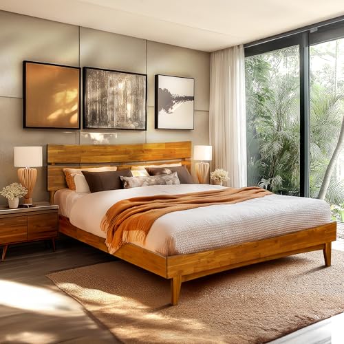 Acacia Aurora King Bed Frame and Headboard Solid Wood Platform Bed, King Bed Frame, Unqiue Design Contemporary Signature Wood Bed Compatible with All Mattress Types, Non-Slip and Noise-Free, Caramel