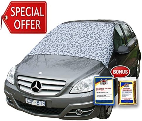 SnowOFF Leopard LARGE Windshield Snow Cover FITS ANY CAR, SUV Truck Van - Automotive Hood Cover WINDPROOF Straps, Wings Magnets Suction Cups - BONUS Demist Cloth + Blanket - Winter Ice Frost Guard