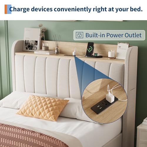 Twin Size Upholstered Bed Frame with Storage Headboard and Charging Station, Platform Bed Frame with Metal Drawers, Heavy Duty, No Box Spring Needed, Easy Assembly, Beige