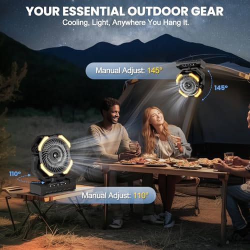 Ateroll 20000 mAh Battery Camping Fan with Mist, USB Fan Battery with Remote Control, LED, Hanging Hook, Table Fan for Tent, Outdoor, Home, Patio, Travel