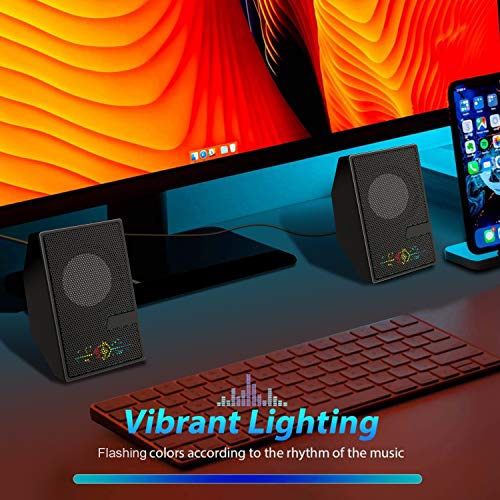 Computer Speakers, D7 Desktop Speakers USB Powered with Flashing LED Lights, 2.0 PC Speakers with 3.5mm Aux Audio Jack& Volume Control, Stereo Sound Gaming Computer Speakers for PC Laptop TV, Black