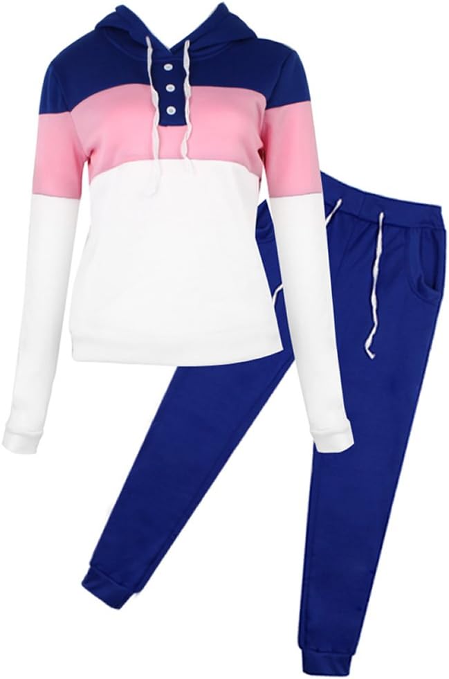 Women Casual Tracksuit Hoodie Sweatshirt Sweater Pants Sports Jogger Outfits Set (Blue, M)