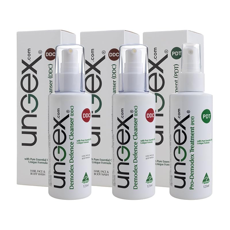 Ungex Demodex Treatment 3in1 | 2x Demodex Defence Cleanser and 1 Pro-Demodex Mite Treatment | Eliminates Demodex Mites | for Acne Rosacea, Itching and Other Skin Conditions | Premium Kit A2-p