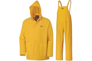 Pioneer Waterproof PVC Work Suit for Men – Repel Rain Gear Yellow Safety Jacket and Bib Pants - 3 PC Set with Detectable Hood