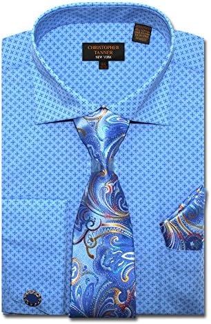 Christopher Tanner Men's Regular Fit Dress Shirts With Tie Hankerchief Cufflinks Combo Printed Fabric