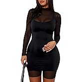 Atyfuniby Women's 2 Piece Outfits Double Lined Mini Dress Set with Long Sleeve Mesh Bodycon Romper Party Clubwear