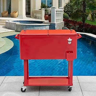 Sundale Outdoor Deluxe 80-Quart Portable Patio Party Drink Cooler Cart with 4 Wheels, Rolling Ice Chest , Bottle Opener and Bottom Tray