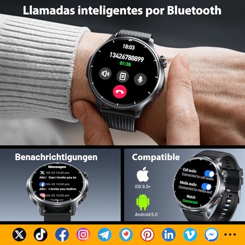 SLOKSFil Reloj Inteligente Hombre Militar con Bluetooth Llamada, 1000mAh Smartwatch Hombre con 1,52" HD/110+ Modos Deportes/24/7 Pulsómetro/Sueño/IP68 Impermeable/Podómetro Android iOS (Silica)