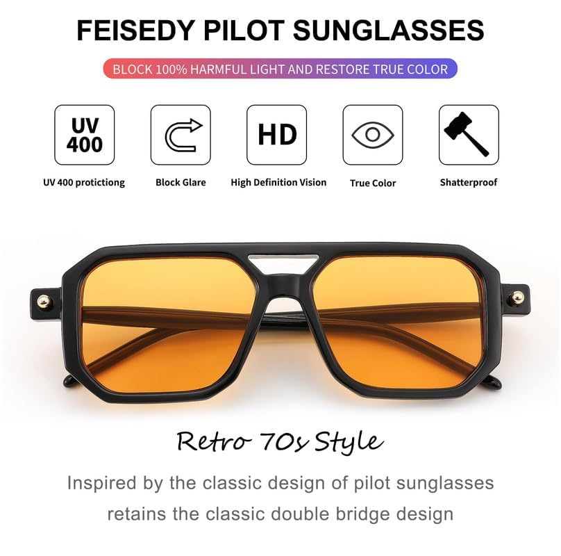 FEISEDY Lentes de sol Cuadrado Aviador Vintage Mujeres Hombres, Gafas de sol Elegante Marco Retro Clásico UV400 B2622