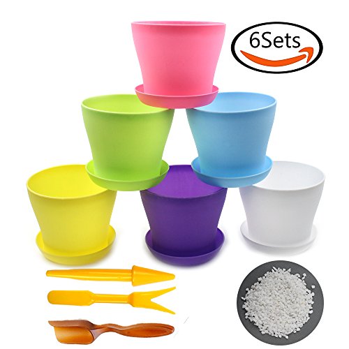 Whonline 6 Colorful Plastic Round Flower Pots with Pallet, 80g 4-7MM White Pavement Stone, 1 Soil Shovel & 1 Set of Transplanting Tools