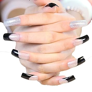 Amazon Com Jindin 24 Sheet Black Silver Fake Nails With Long
