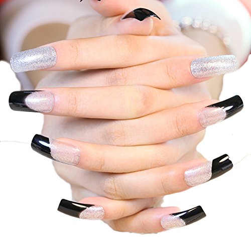 JINDIN 24 Sheet Black Silver Fake Nails with Long Design for Girls French False Nails Full Cover Press On Nails