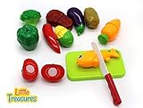 Little Treasures Kitchen Kids Play Cutting Fruits and Vegies Fish and Meat Toy Set, Pretend Food Playset  Fruit Pieces to be Sliced Up with Knife and Cutting Board, Multicolored, 12 Piece
