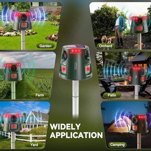 Ahuyentador de gatos ultrasónico solar, para jardín, impermeable, 5 modos, ajustable, carga solar, 360°, eficaz para gatos, perros, pájaros, ratones
