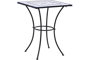 vidaXL Outdoor Bistro Table | Ceramic Tabletop | Powder-Coated Iron Frame | Weather-Considerate Patio Furniture | Blue and White Mosaic Design | Size: 23.6" x 23.6" x 30"