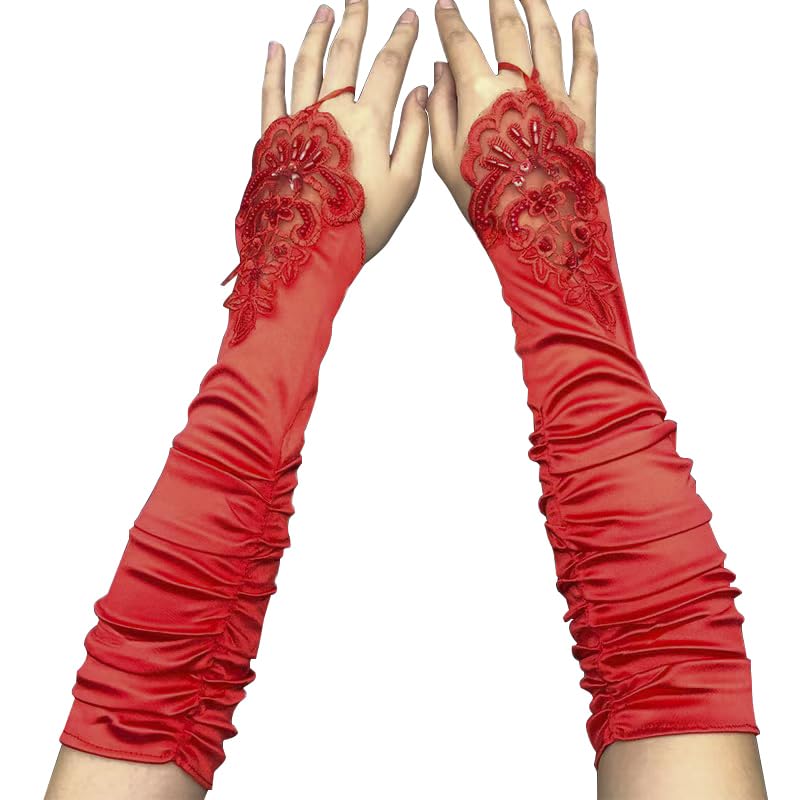Photo 1 of 1920s Red Elbow Fingerless Satin Gloves Long Opera Fingerless Gloves with Finger Loops Stretchy Fingerless Floral Beads Sequins Satin for Bridal Wedding Evening Prom Party Opera Halloween Costumes