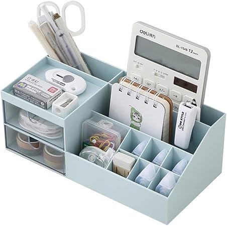 Amazon ペン立て 大容量 収納ケース デスクオーガナイザー 引き出し付き 卓上収納 文具収納 スマートデスク ペンケース オフェス 小物入れ 収納ボックス リモコンラック 机上用 小物ケース 化粧品収納ボックス 多機能 収納 整理 青い ペン立て 文房具 オフィス用品