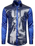JOGAL Mens Dress Shirt Silver Sequins Long Sleeve Button Down 70s Disco Shirt Party Costume Large A348 RoyalBlue