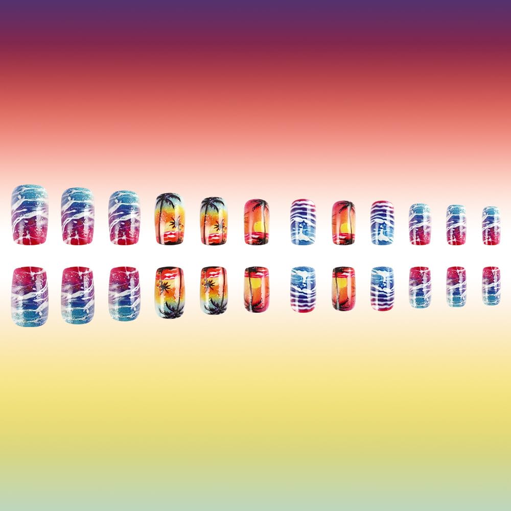 24Pcs Summer Press on Nails Medium Square Fake Nails Sea Waves Coconut Palms Design Coconut Tree Pattern Artificial Nails Ocean Beach Tropical Reusable Stick on Nails for Women Girls Summer Nail Art - Image 5