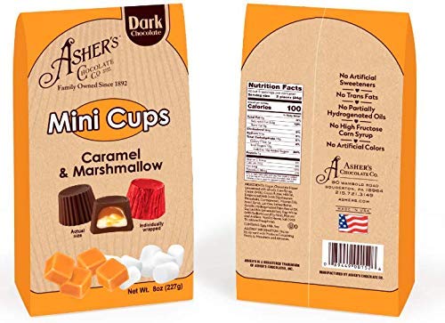 Asher's Chocolate, Mini Cups, No Artificial Sweeteners, No Trans Fat, No Partially Hydrogenated Oils, Small Batches of Kosher Chocolate, Family Owned Since 1982 (8 oz, Caramel & Marshmallow)