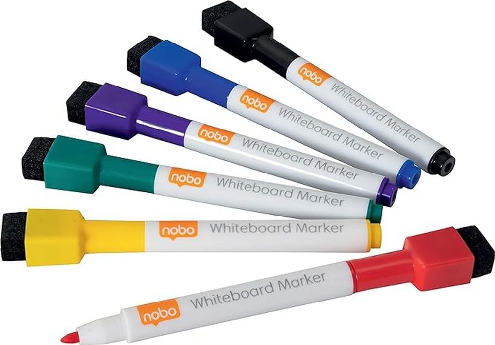 Nobo Mini Whiteboard Pens With Magnetic Eraser Cap, 2mm Fine Tip, Dry Wipe/Erase, Low Odour, Assorted Colours, 1903792, Pack of 1 (6 count)