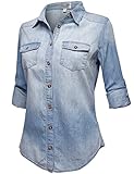 ZENNESSA Women's White Washed Denim Shirts with Roll up Sleeve