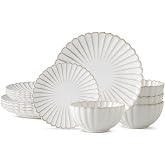 Stoneware Plates and Bowls Dinnerware Set for Kitchen, Service for 4; 12-Piece Set, Scalloped Edge Design, Handmade Dining Service, Oven &amp; Microwave &amp; Dishwasher Safe, Vintage White