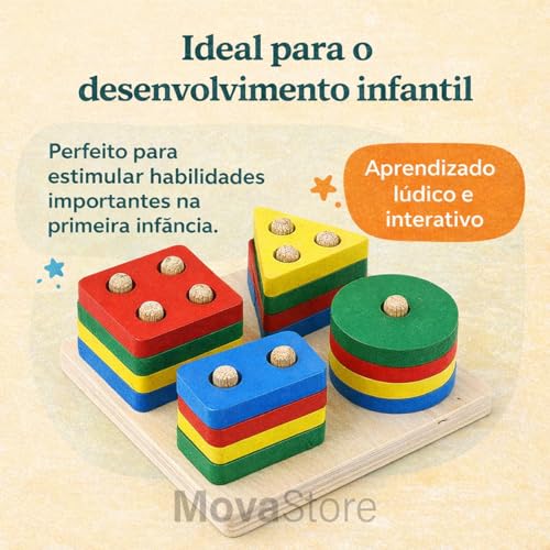 Brinquedo Educativo Montessori de Madeira Pedagógico Sensorial Formas Geométricas Didáticas Multicoloridas Encaixe Infantil e Cores Empilháveis