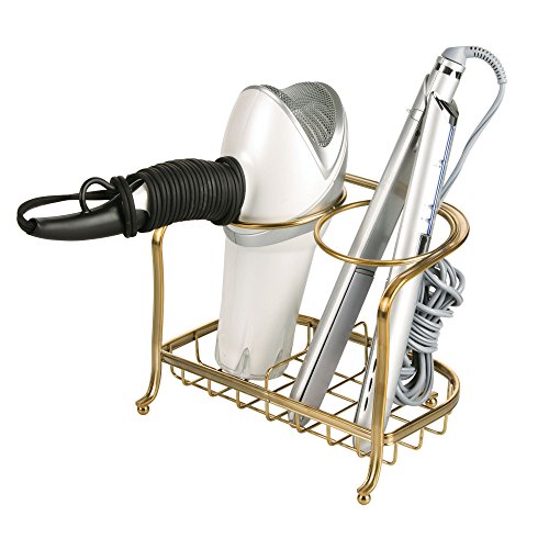 UPC 841247176666, mDesign Bathroom Vanity Countertop Hair Care &amp; Styling Tool Organizer Holder for Hair Dryer, Flat Irons, Curling Wands, Hair Straighteners- 2 Sections, Soft Brass