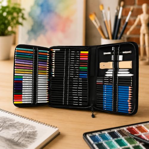 Kit de Desenho Profissional Completo 72 Peças com Estojo Portátil – Lápis Grafite, Carvão, Aquarela e Acessórios para Artistas, Estudantes, Iniciantes e Crianças Premium