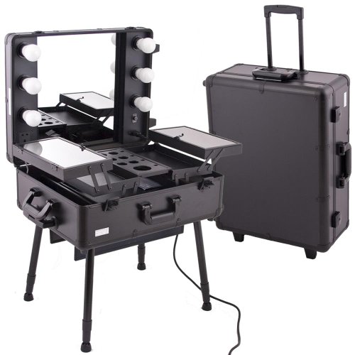 Black PRO STUDIO Aluminum Professional Makeup Artist Rolling Wheeled Organizer Trolley Cosmetic Train Case Table w/Lights