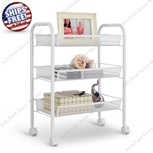 ZaZaTool - 3-Tier Metal Mesh Rolling Cart Trolley Storage Rack Shelving Kitchen Island Cart