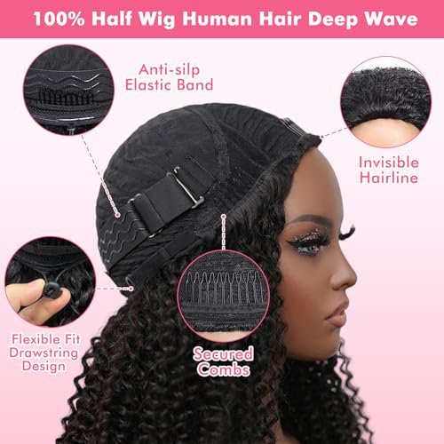 Half Wig Human Hair Deep Wave Demi Perruque sans Colle 180% Densité Perruque Cheveux Humain Perruque Bandeau Bouclée 3 In 1 Seamless Drawstring Headband Wig Couleur Naturelle (16 Pouces)