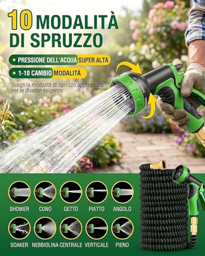45 m Professional Extendable Garden Hose with 10 Functions Gun, 45 Metres Extra Long Anti-Torsion Irrigation Hose, Brass Fittings, Water Hose for Large Areas and Motorhomes
