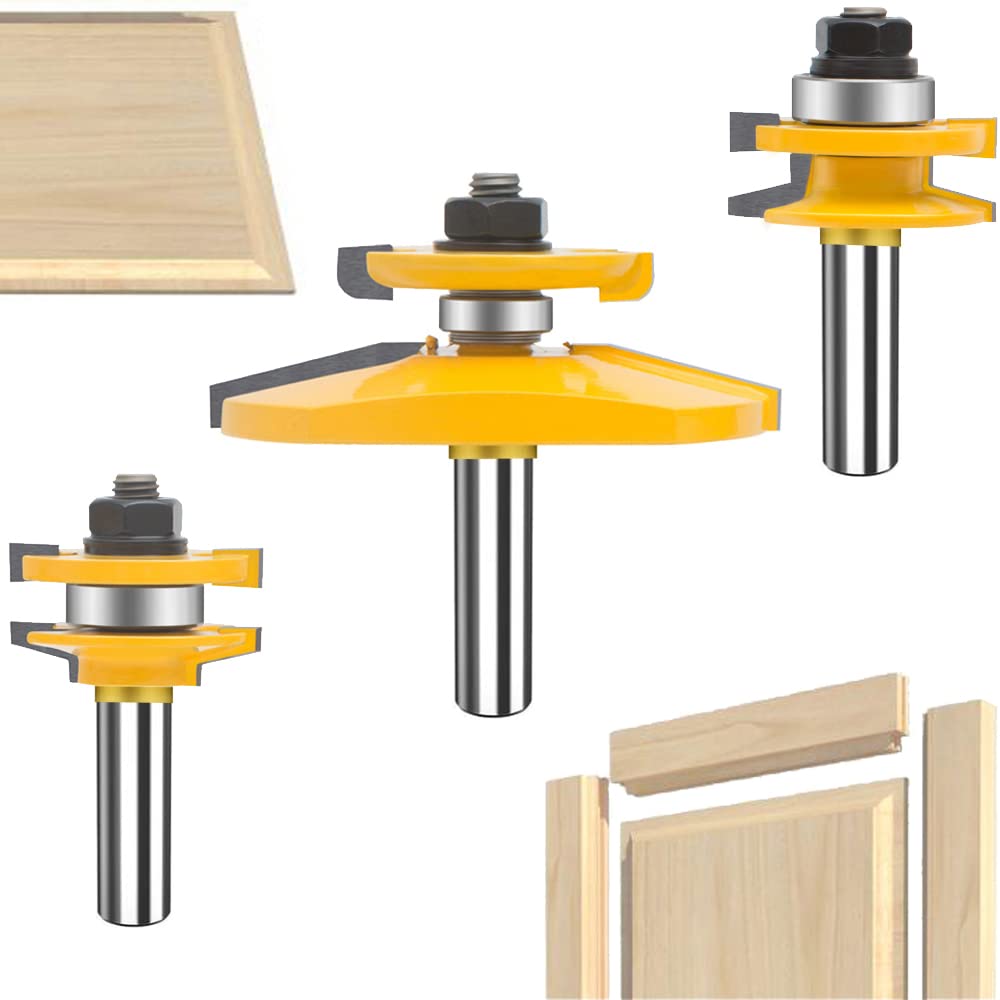 TAIWAIN 1/2-Inch Shank 3PCS Router Bit Set, Bevel Raised Panel Woodworking Wood Cutter, Carbide Groove Tongue Milling Tool, Cabinet Door Rail & Stile Router Bits (Hypotenuse)