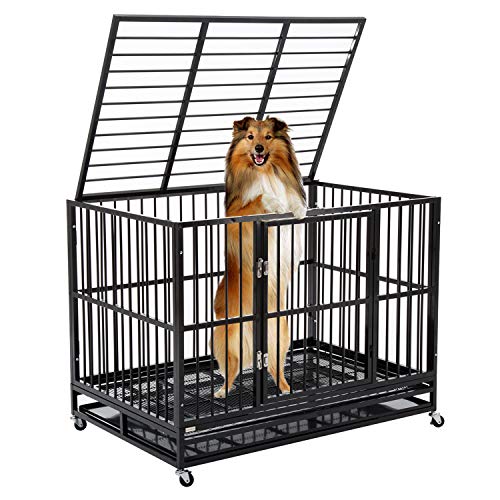 WALCUT Heavy Duty Dog Cage Rolling Metal Pet Crate Folding Kennel with