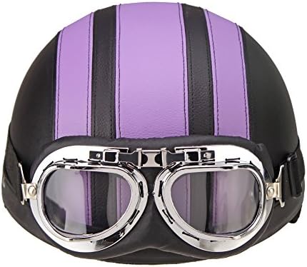 Progre 54-67cm Motorcycle Motorbike Scooter Open Face Half Leather Helmet with Visor UV Goggles Retro Vintage Style