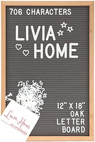 Letter Board – Gray Felt Sign with 706 ¾” and 2” White Plastic Changeable Characters – Large Wooden 12 x 18 inch Solid Oak Frame – with 7x5 inch Canvas Bag - Vintage Display by Livia Home