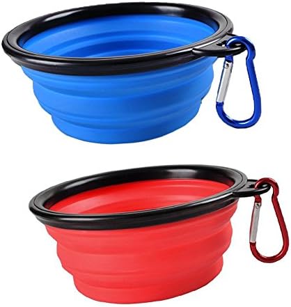 Collapsible Pet Bowl BPA Free Food,Grade Silicone Travel Bowl, for Pet Dog/Cat Food Water Feeding Expandable Foldable Bowl for Dog&amp; Cat Food（Blue+Red）