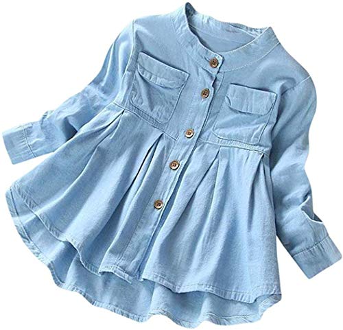Baby Girls Kid Denim Ruched Long Sleeve T-Shirt Tops Dress Clothing Children Autumn Winter Fashion Blouse (Blue, 6T)