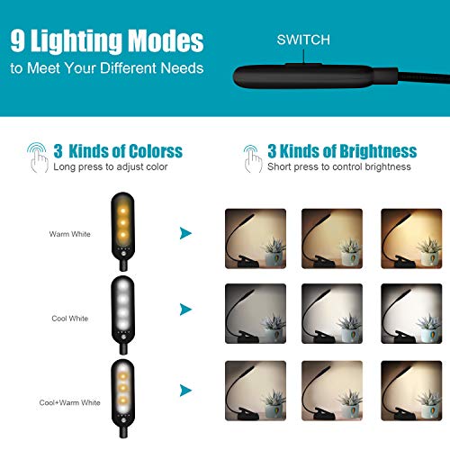 VAVOFO USB Reading Light for Bed Kids, 7 LED Book Light with 9-Level Warm Cool White Daylight, Eye Care Lamp with Power Indicator for Kindle Bookworms (Black)