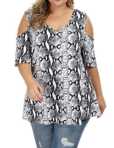 Allegrace Women's Plus Size Floral Printing Cold Shoulder Tunic Top Short Sleeve V Neck T Shirts Snakeskin-P 2X