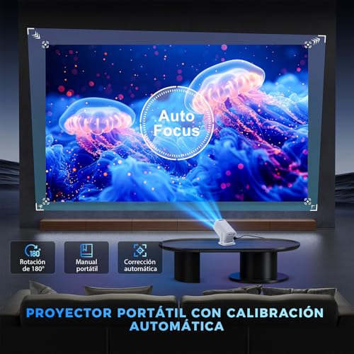 HUSEYTA Mini Proyector Portátil 4K Auto Keystone, Proyector Inteligente 250 ANSI con WiFi 6 y BT 5.4, Android 11.0 Incorporado, Pantalla 150 Pulgadas Compatible con iOS/Android/PC/PS5