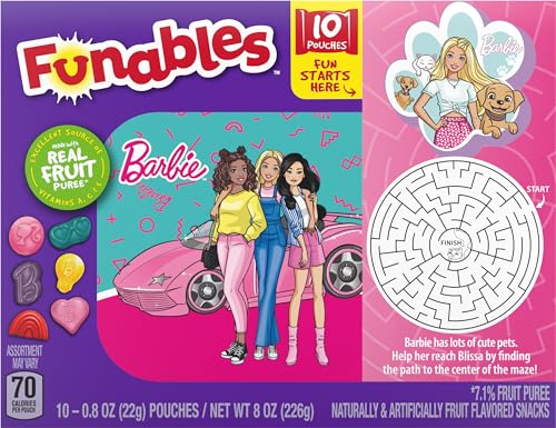 FUNABLES FRUIT SNACKS, BARBIE SHAPED FRUIT FLAVORED SNACKS, 0.8 OUNCE POUCHES (PACK OF 10)