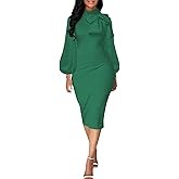 BestGirl Women's Bishop Sleeve Bodycon Dresses Work Casual Floral Print Pencil Midi Dresses