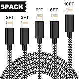 iPhone Charger,TNSO MFi Certified Lightning Cable 5 Pack [3/3/6/6/10FT] Extra Long Nylon Braided USB Charging & Syncing Cord Compatible iPhone Xs/Max/XR/X/8/8Plus/7/7Plus/6S/6S Plus/SE/iPad/Nan More